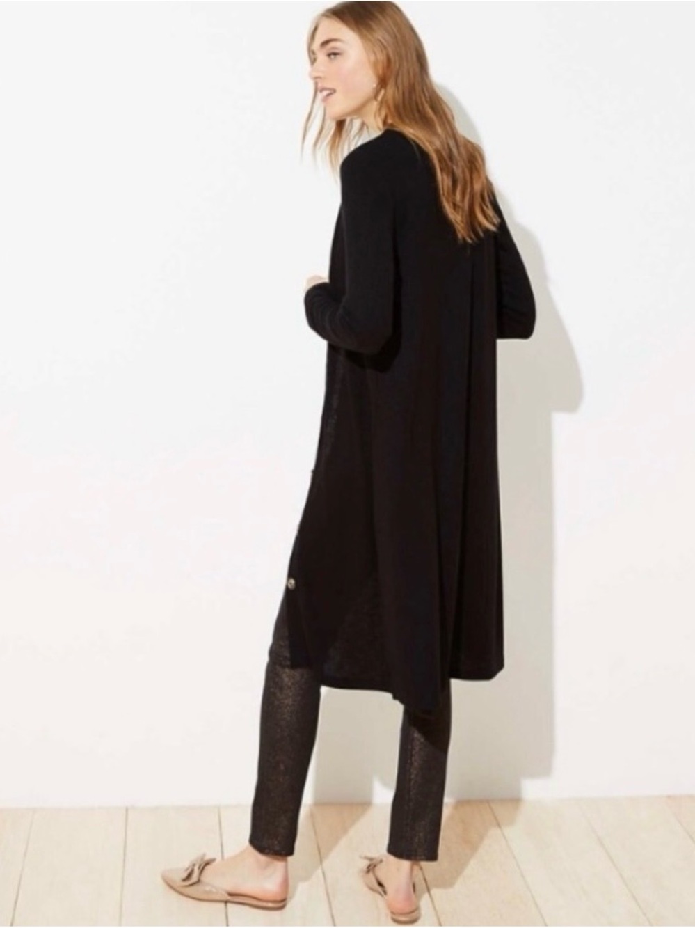 LOFT Long Ribbed Cardigan Black Button Front Midi Duster Women’s Small - Picture 2 of 11